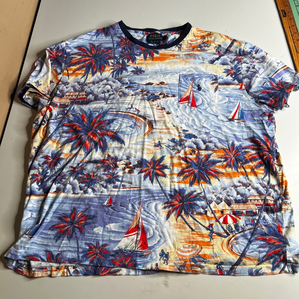 Polo Ralph Lauren Mens XL T-Shirt Classic Fit Tropical Beach Sailboat Print Blue